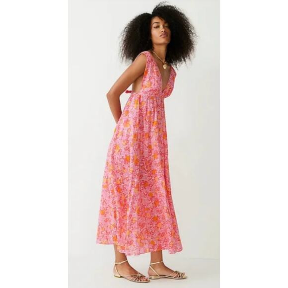 J.Crew Plunge-neck Beach Dress in Pink Limone Print Size Large - Picture 1 of 8